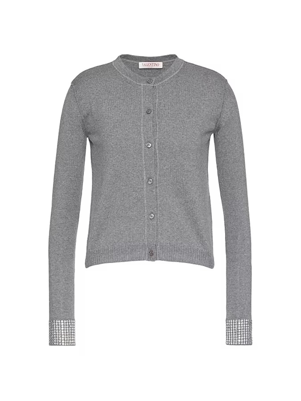 Valentino Gray Crewneck Cardigan with Crystal-Embellished Cuffs